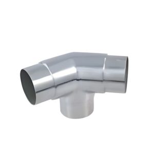 Polished stainless steel 3-way 90-degree elbow tube connector for modular handrail systems.