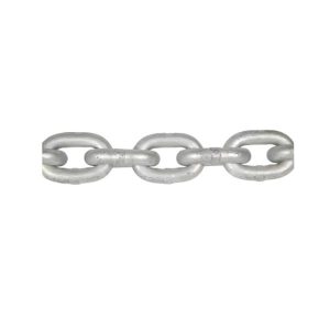 Galvanised steel link chain for industrial and marine lifting or security applications.