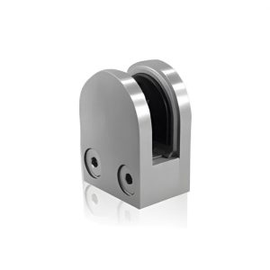 Satin finish stainless steel D-shaped glass clamp for balustrade with rubber gaskets and hex screw fixings.
