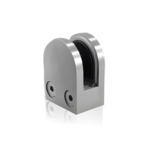 Satin finish stainless steel D-shaped glass clamp for balustrade with rubber gaskets and hex screw fixings.