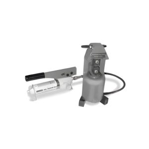 Hydraulic swaging tool kit with manual hand pump and crimping head for wire rope terminals.
