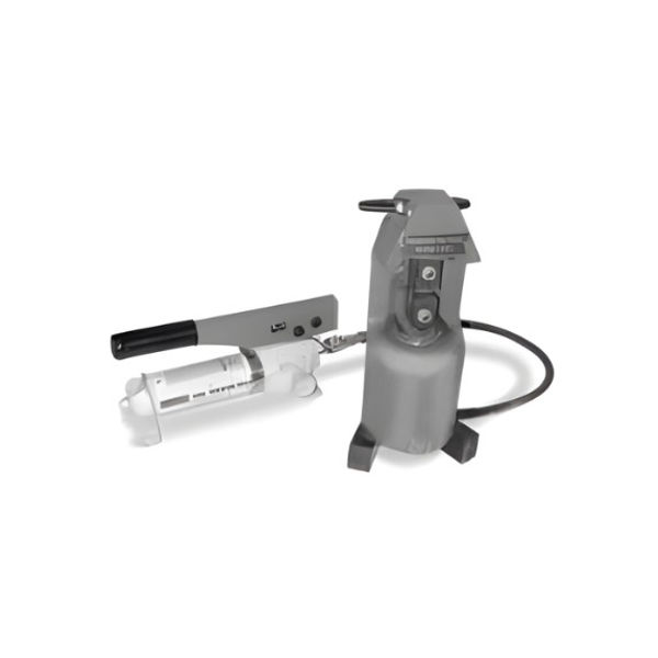 Hydraulic swaging tool kit with manual hand pump and crimping head for wire rope terminals.