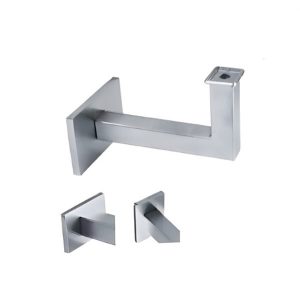 Stainless steel square profile handrail wall bracket with square base plate and vertical saddle post.