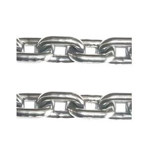 High-polished stainless steel heavy-duty link chain close-up on white background.