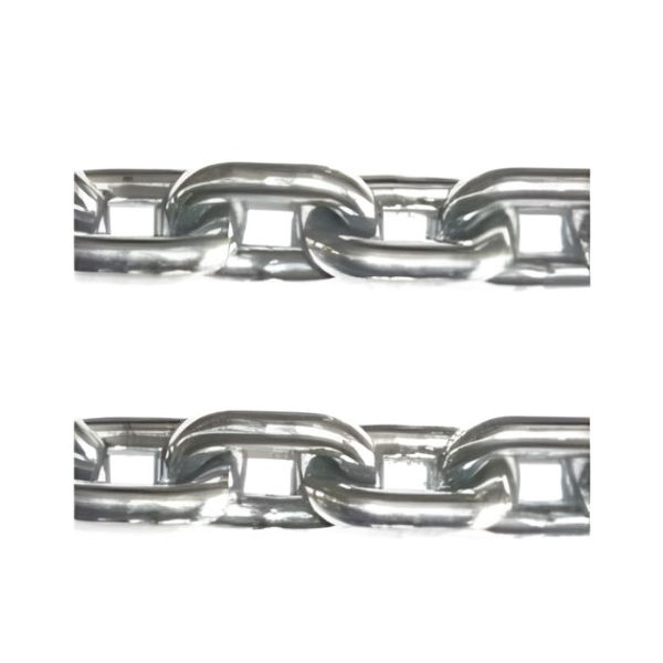 High-polished stainless steel heavy-duty link chain close-up on white background.