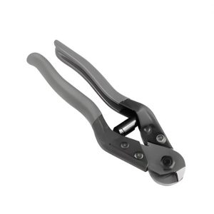 Industrial wire rope and cable cutter with ergonomic grey grips and spring-loaded steel blades.