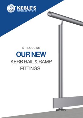 Stainless steel handrail with kerb rail and round vertical stanchion post for ramp accessibility.