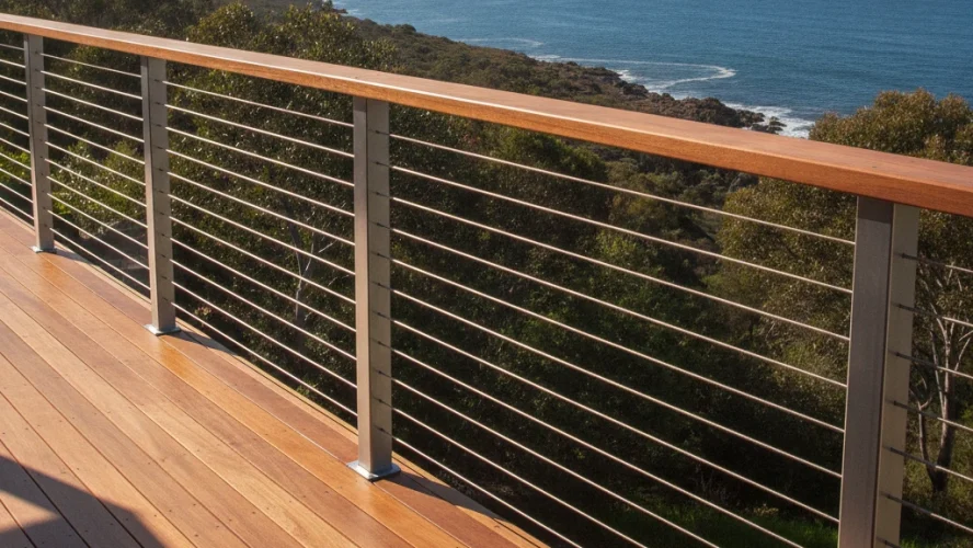 Modern residential timber deck with a premium, compliant stainless steel wire rope balustrade featuring 11 horizontal cable runs, vertical metal posts, and a continuous timber top rail overlooking a coastal landscape view.