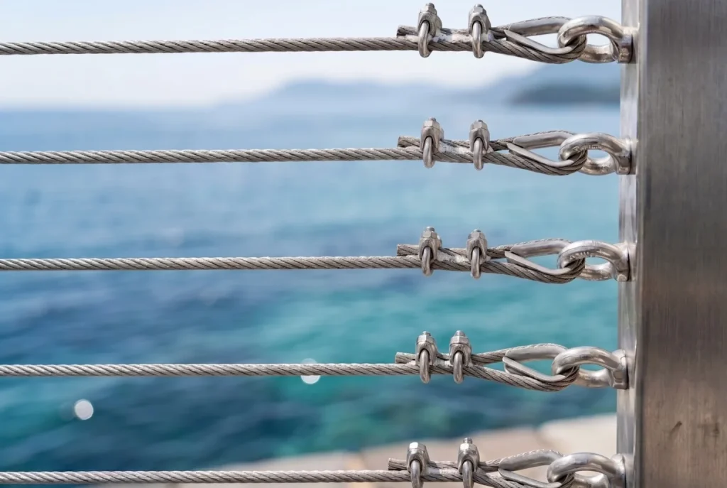 Close-up of balustrade hardware featuring multiple horizontal stainless steel cables terminated with industrial wire rope grips and thimbles against a blurred blue ocean background.